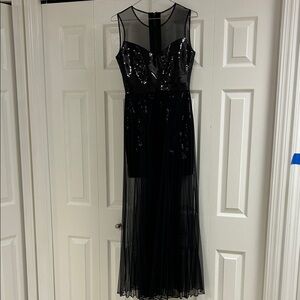 Elegant BCBG Maxazria Black Sequin sheer Evening Dress